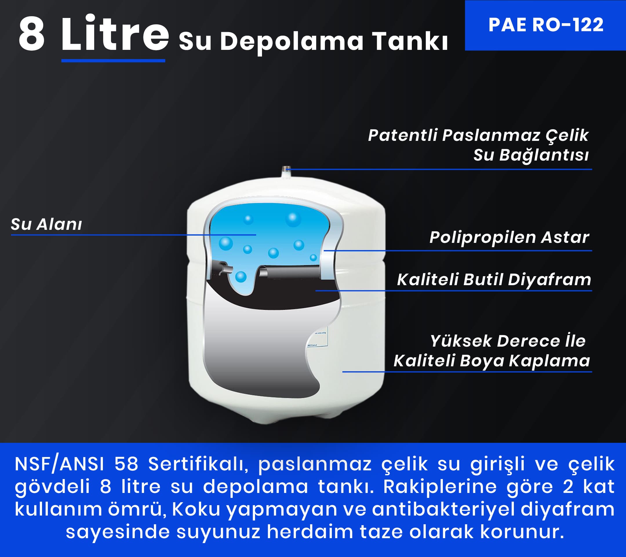 PAE RO-122 8 Litre NSF onaylı su tankı