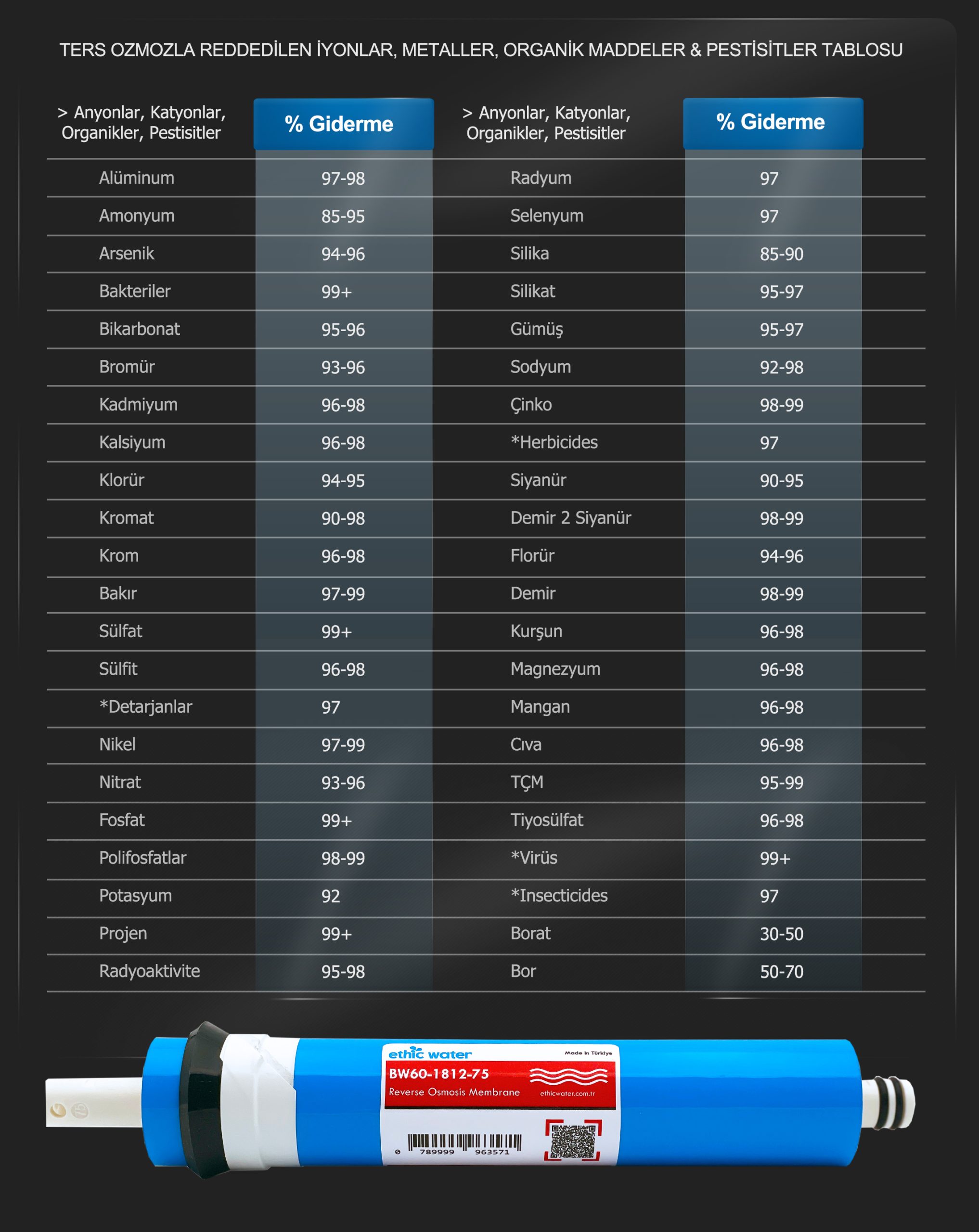 BW60-1812-75 Ethicwater Ters Ozmoz Membranı reddedilen Maddeler