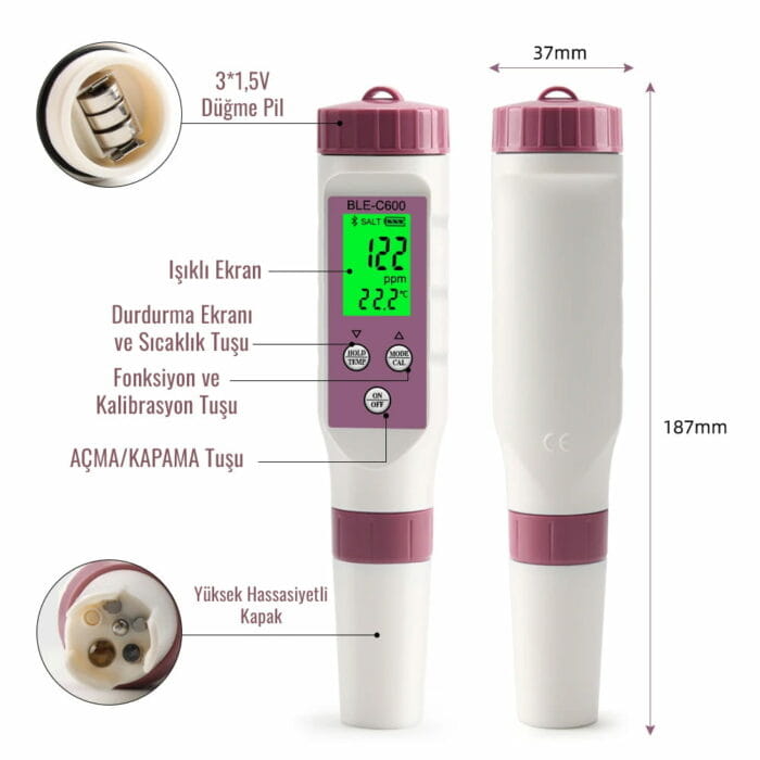 Yinmik BLE-C600 7 IN1 pH, Tuzluluk, ORP, SG, EC, TDS, Sıcaklık Ölçer Yinmik BLE-C600 7 IN1 pH, Tuzluluk, ORP, SG, EC, TDS, Sıcaklık Ölçer - Görsel 4