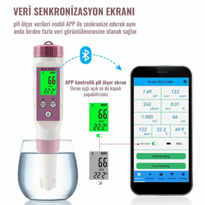 Yinmik BLE-C600 7 IN1 pH, Tuzluluk, ORP, SG, EC, TDS, Sıcaklık Ölçer Yinmik BLE-C600 7 IN1 pH, Tuzluluk, ORP, SG, EC, TDS, Sıcaklık Ölçer - Görsel 3