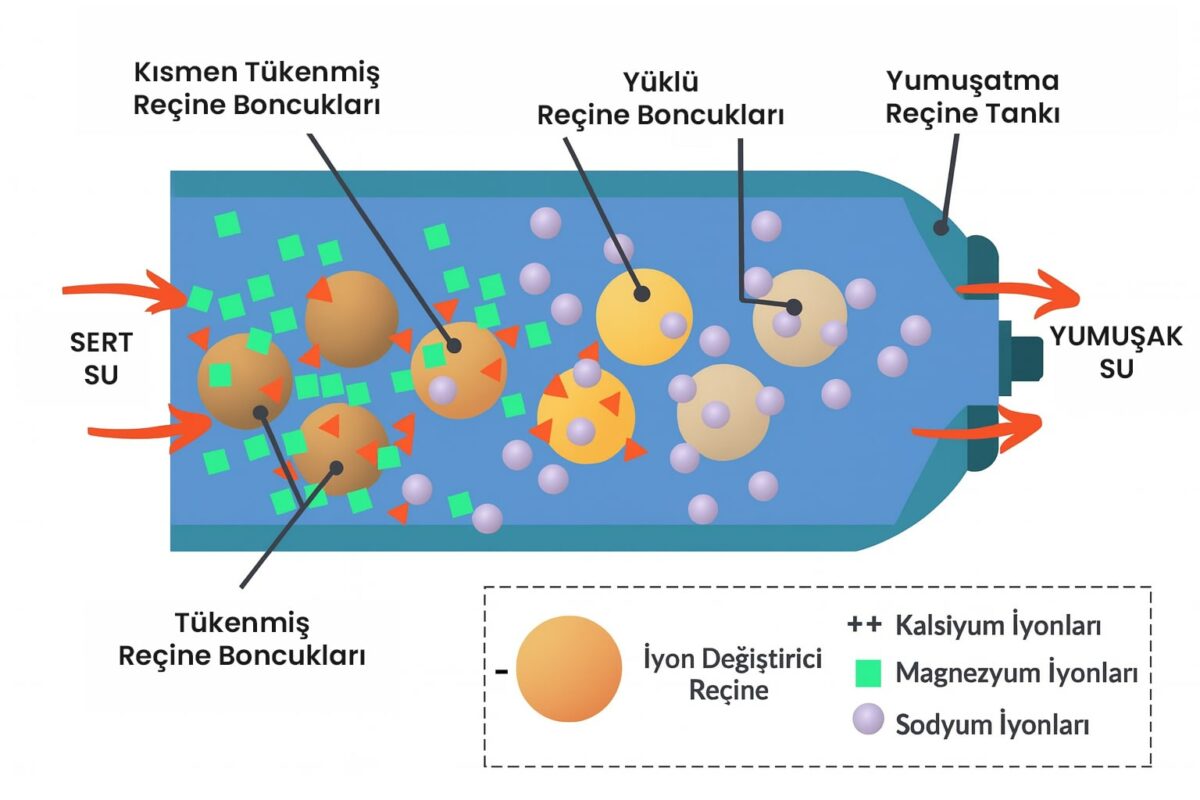 İyon değişim sürecini gösteren detaylı infografik diyagram